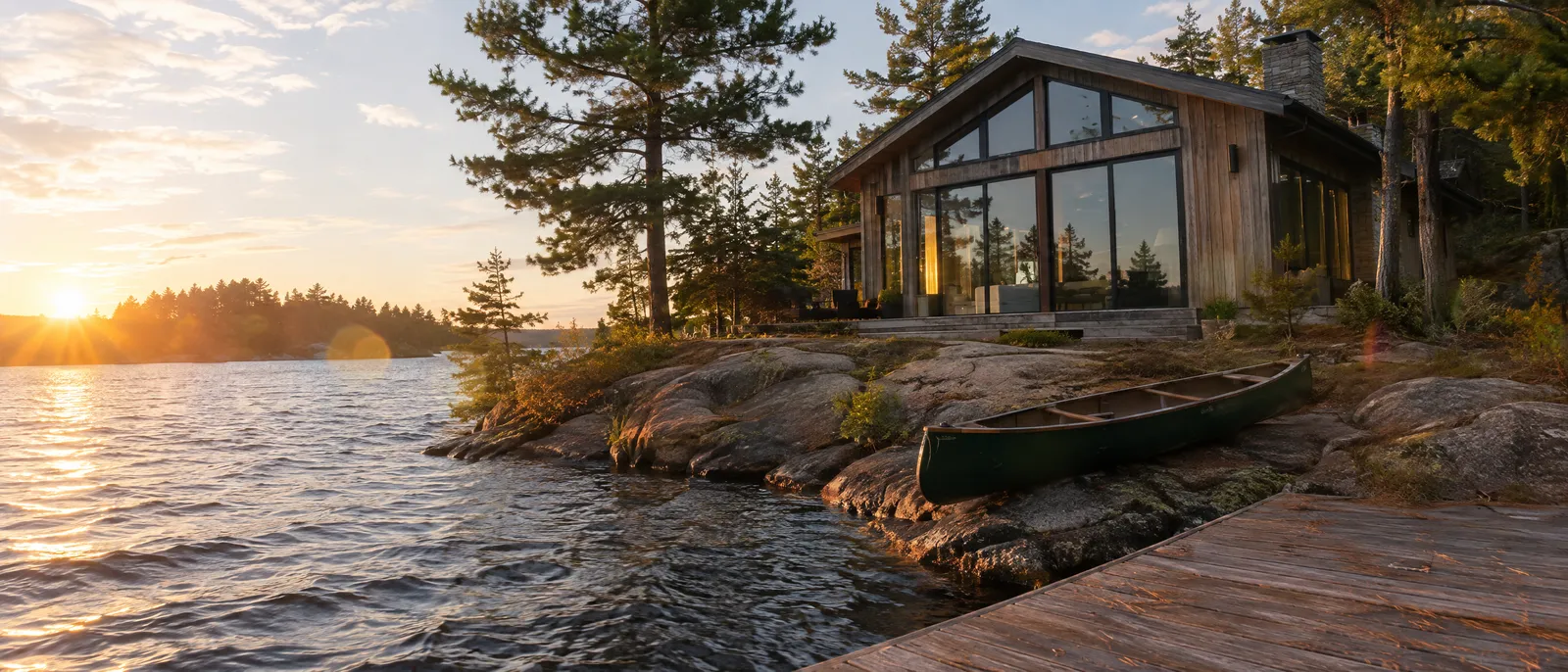 Wood-clad cottage with large windows on a granite lakeshore at sunset