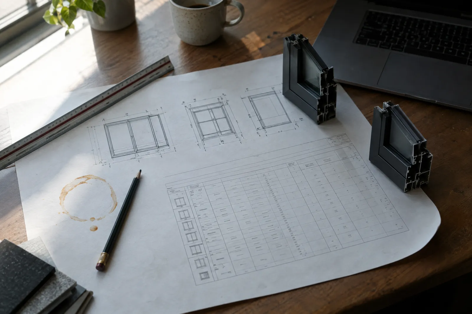 Window elevation drawings, a scale ruler and aluminum frame samples on a desk