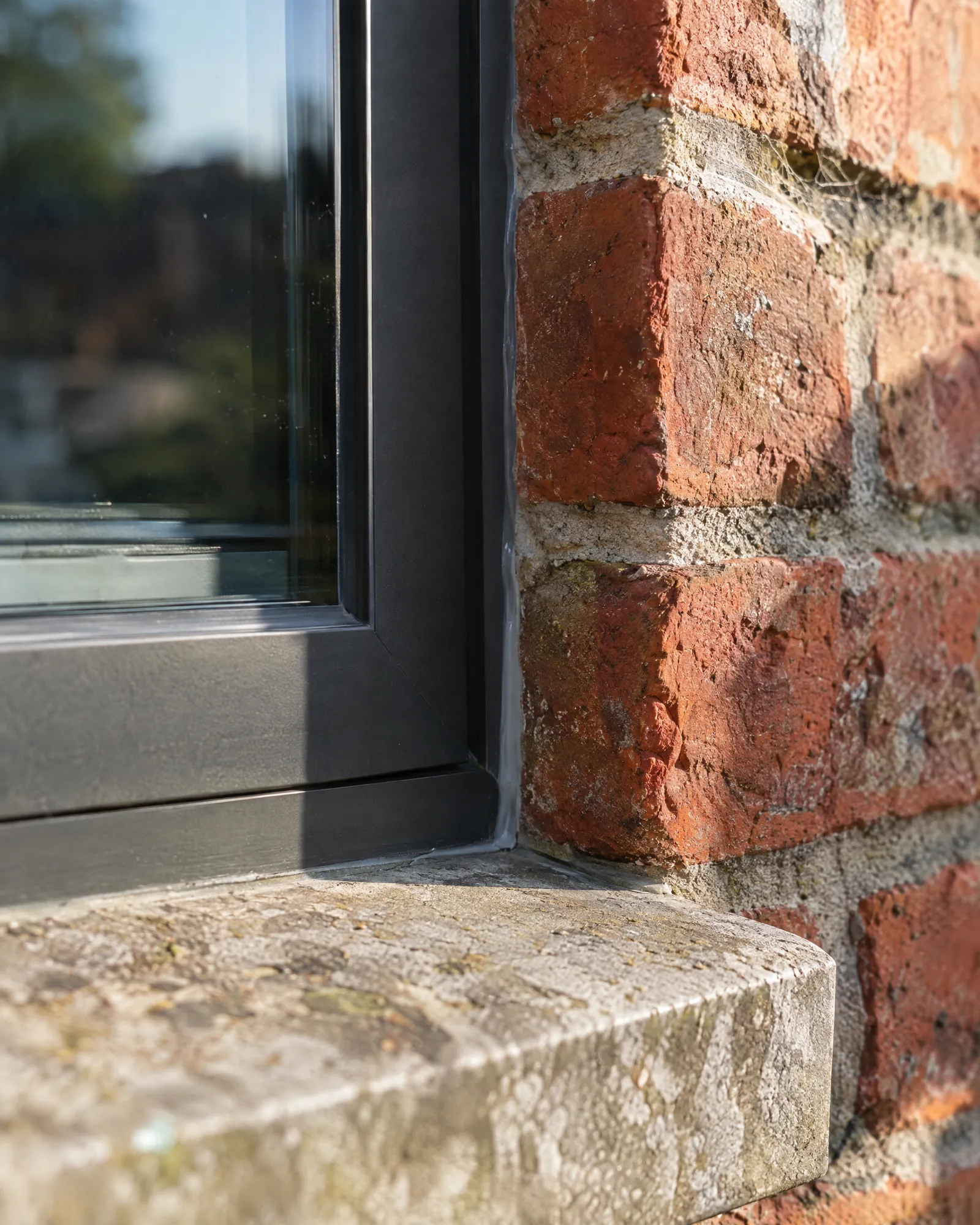 Dark window frame meeting a brick wall above a stone sill, with a neat sealant joint