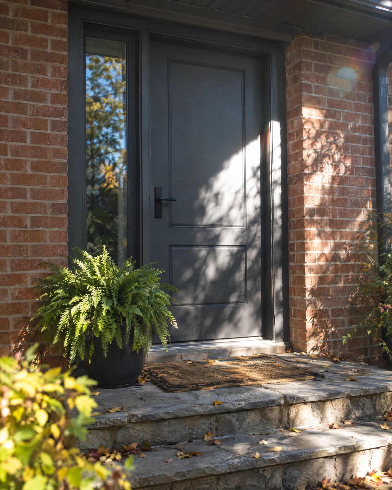 Charcoal front door with a glass sidelight, stone steps and a potted fern