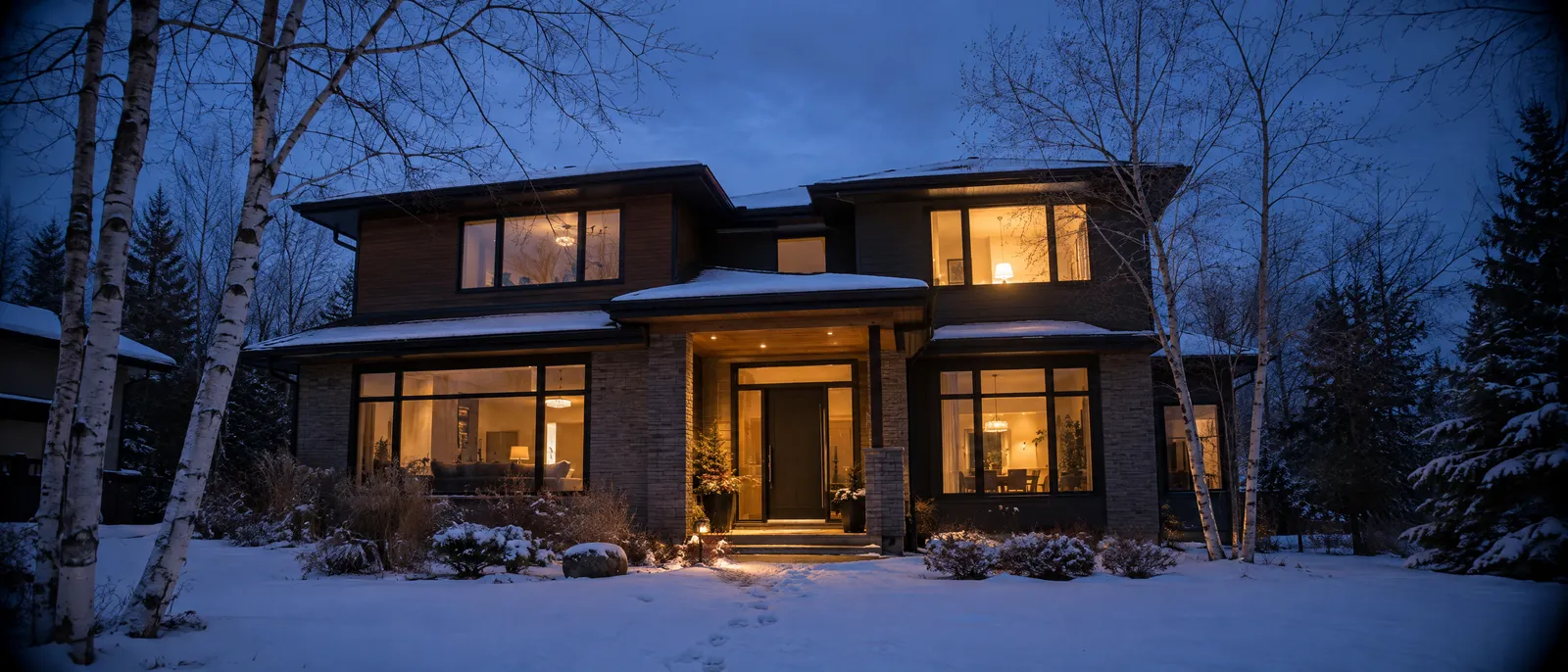 Modern two-storey home at dusk in light snow, its windows glowing