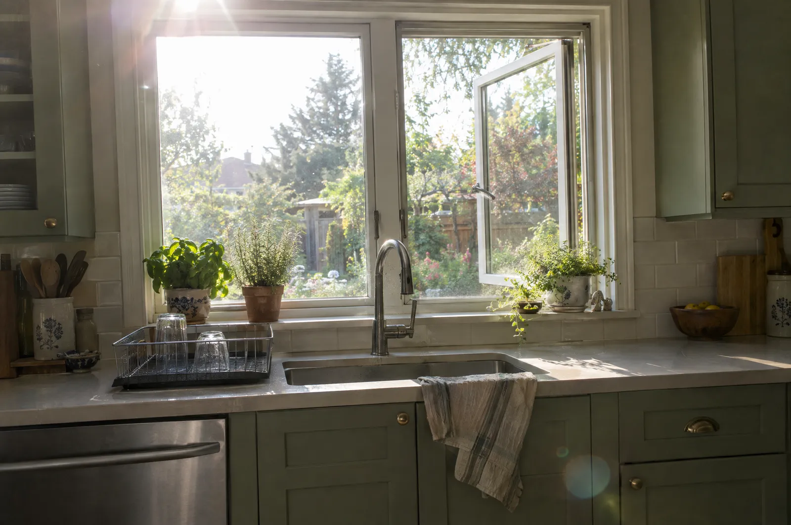 Kitchen with an open casement window above the sink and herbs on the sill