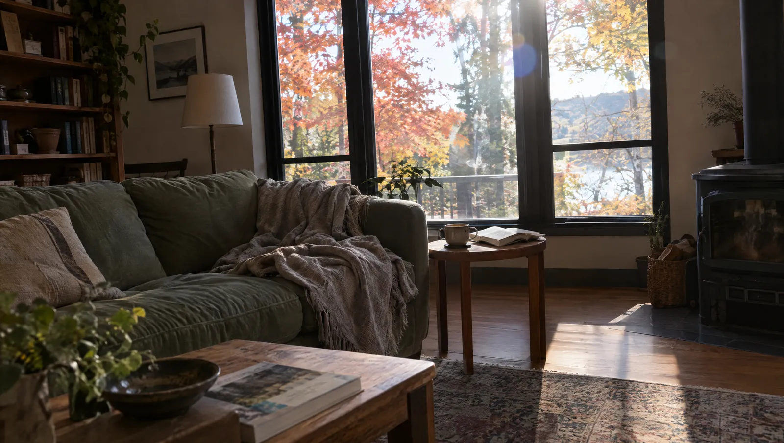 Living room with tall black-framed windows looking onto autumn maples