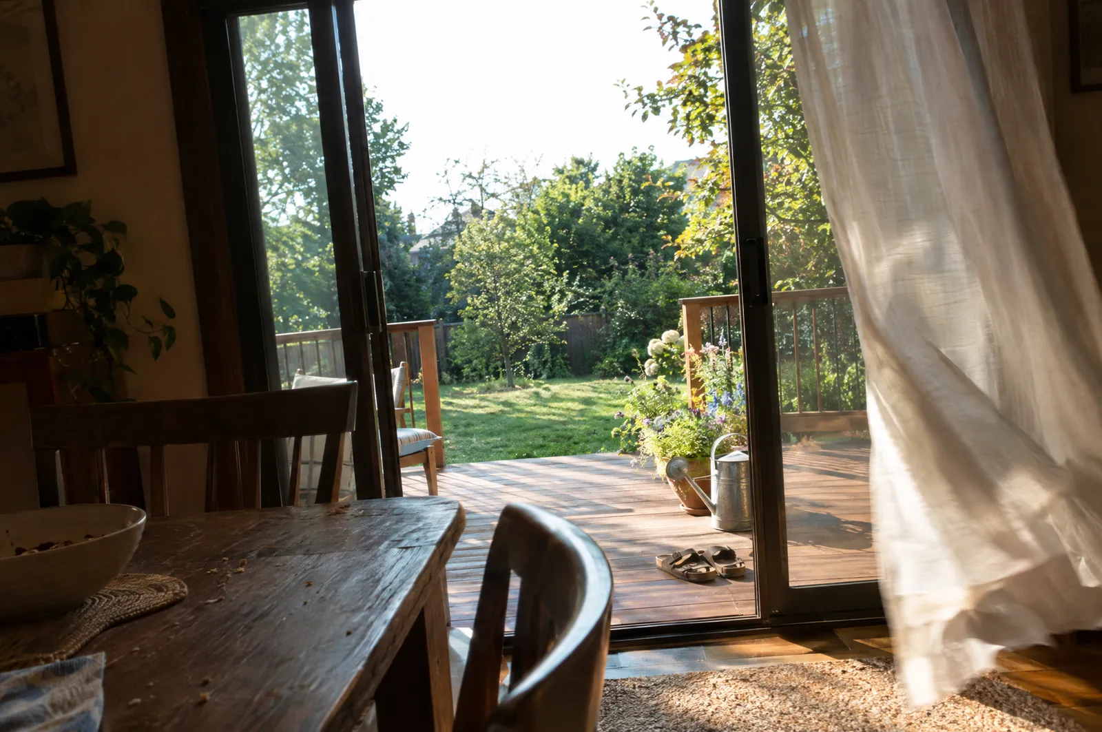 Open sliding patio door leading from a dining room onto a cedar deck and green garden