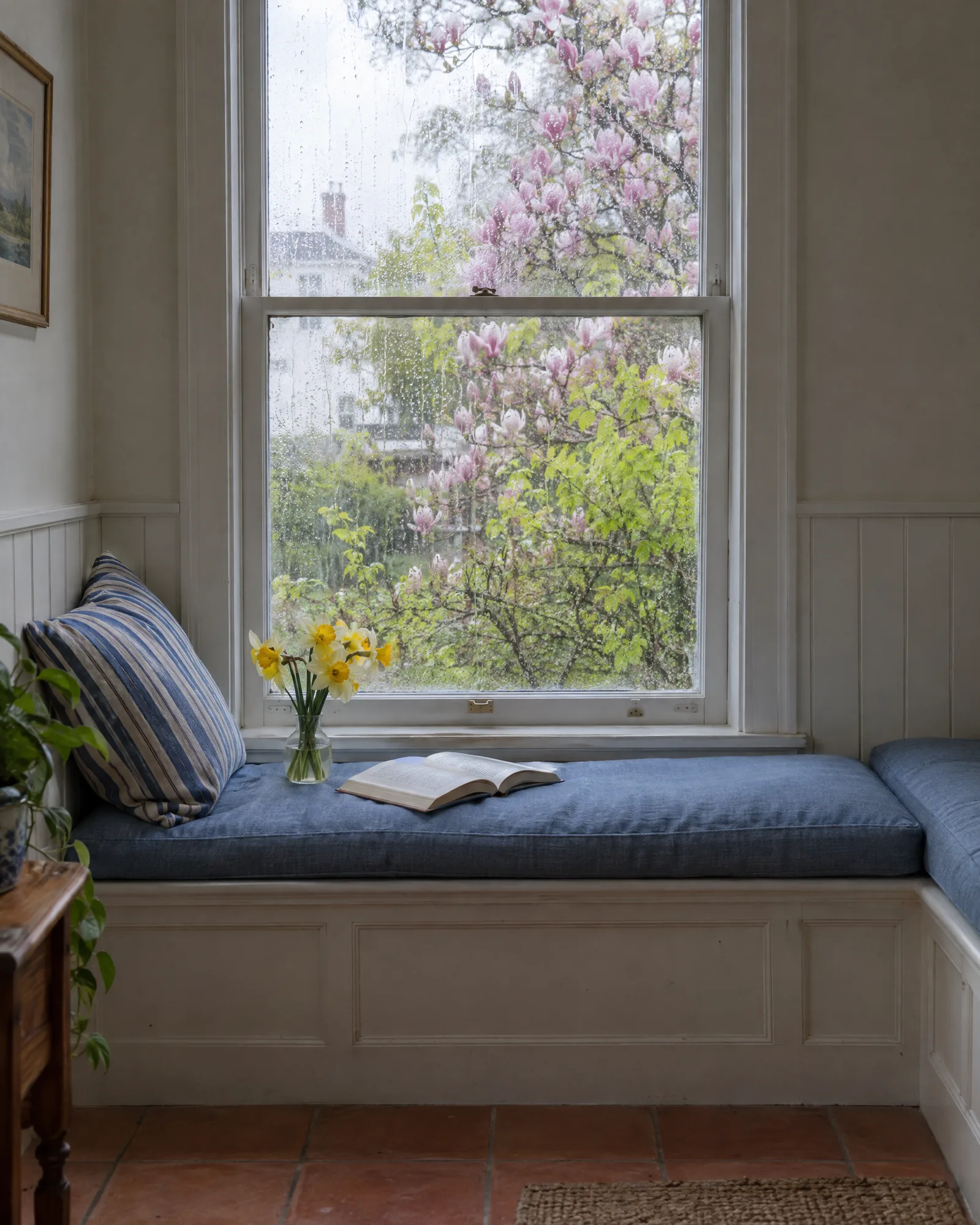 White double-hung window with rain on the glass above a blue window seat, a magnolia in flower outside