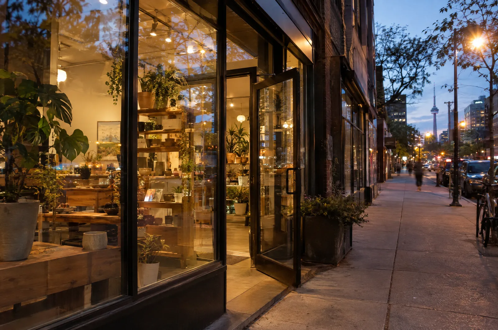 Neighbourhood shop at dusk with large glazing and warm light spilling onto the sidewalk
