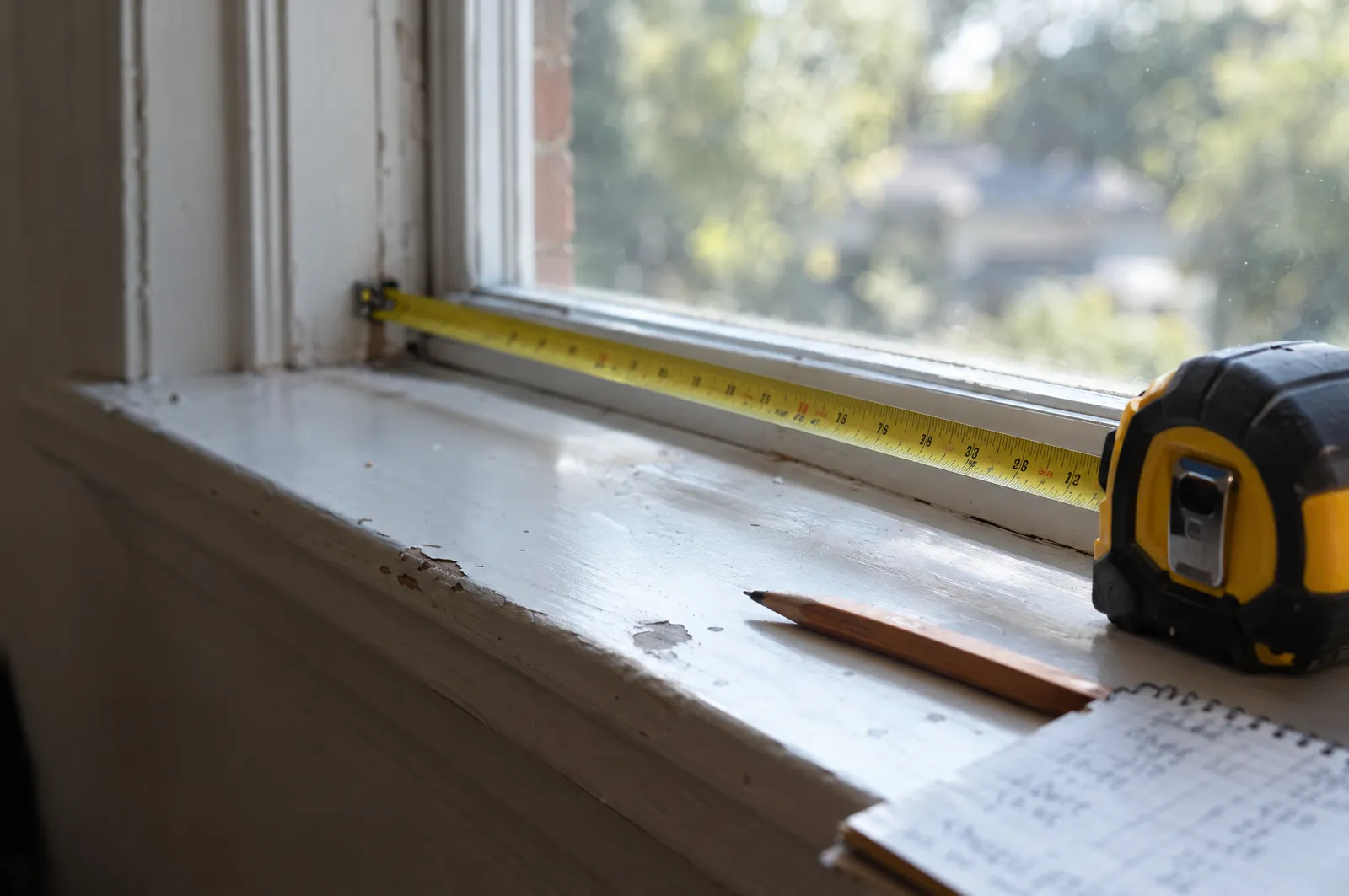Tape measure stretched across a window opening with a pencil and notebook