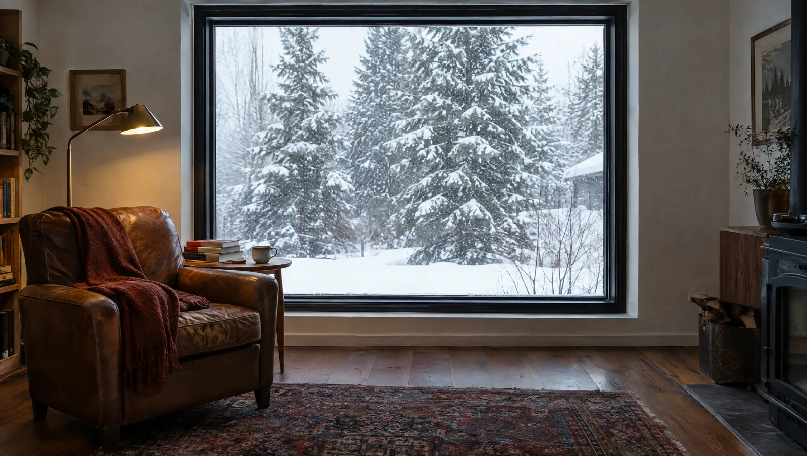 Large black-framed picture window onto snow-covered spruce, beside a worn leather armchair with a red wool blanket