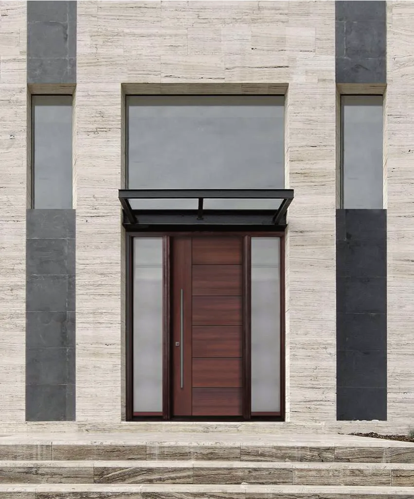 Wood-grain fiberglass entry door with sidelites and a transom in a stone facade, from Cobra’s catalogue