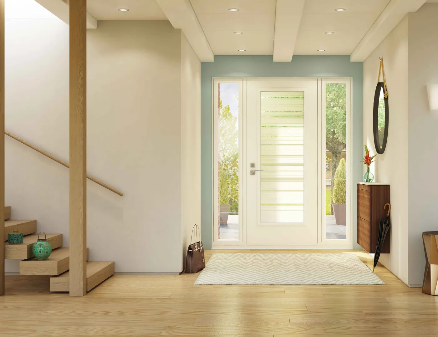 White entry door with horizontal glass lites and two sidelites, seen from a bright hallway