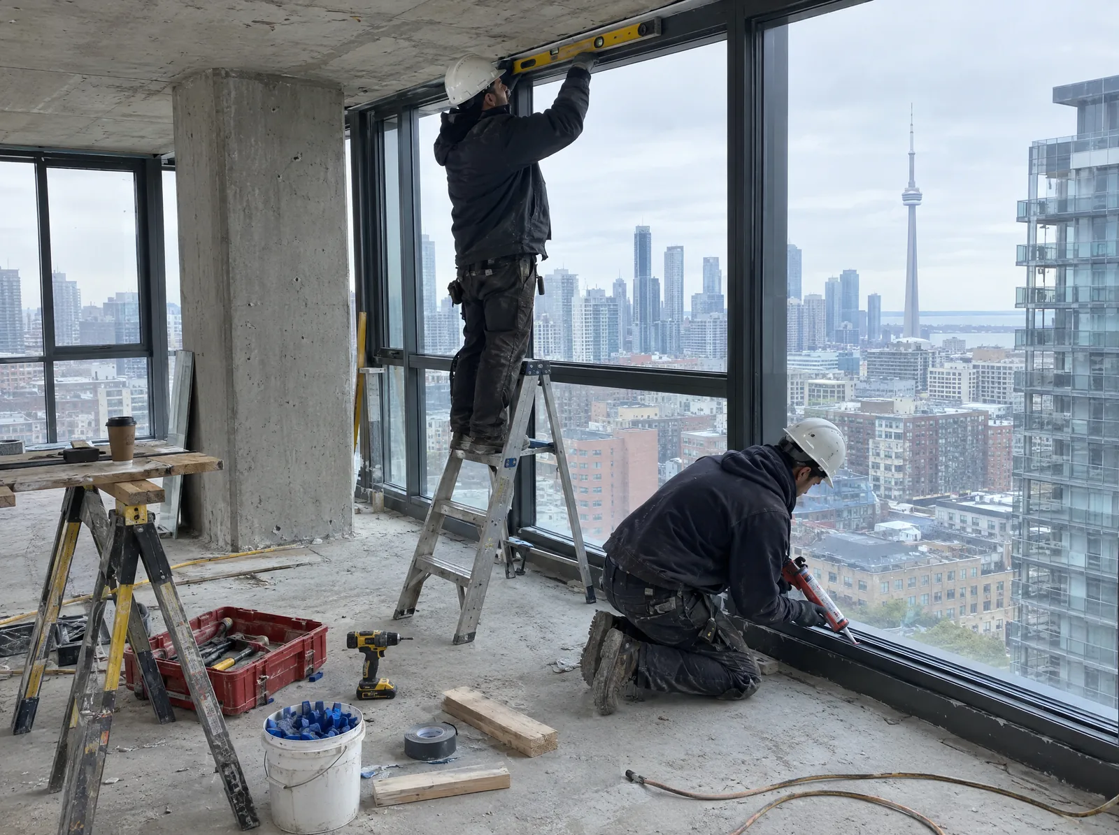 Two installers finishing window wall units between the floor slab and the slab above: one checks the frame with a level from a step ladder, the other runs a bead of sealant